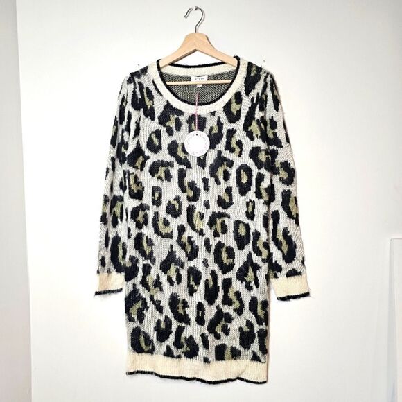 NEW Umgee Logan Animal Print Knit Sweater Dress Blavk Olive Off White Size Small - Picture 2 of 8